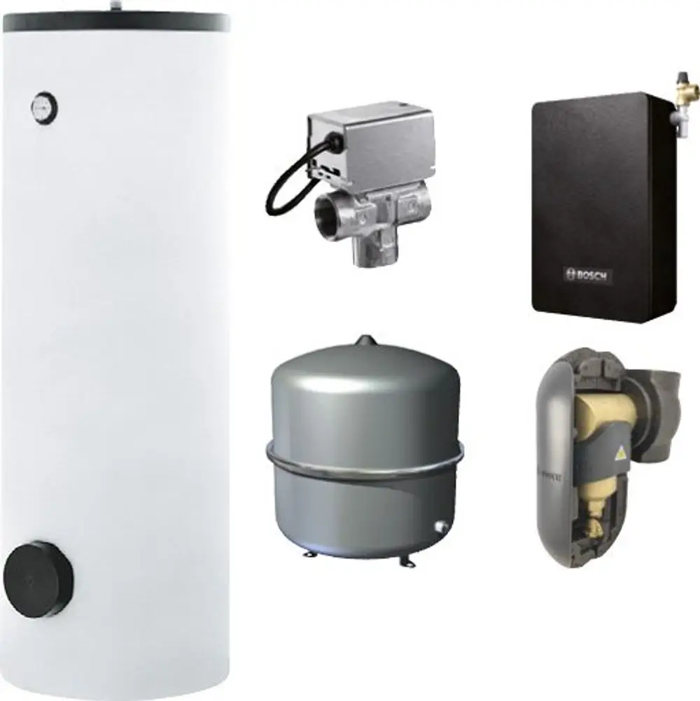 BOSCH Wärmepumpen-Hybridset, bestehend aus einem weißen Wassertank, einem Steuergerät, einem Ausdehnungsgefäß und weiteren Komponenten zur Heizungsunterstützung.